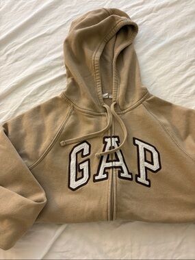 GAP Tan Fleece Zip-Up Hoodie with White Appliqué Logo